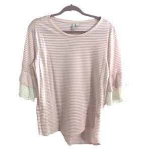 Elle Pink and white stripe T-shirt white eyelet sleeves, L